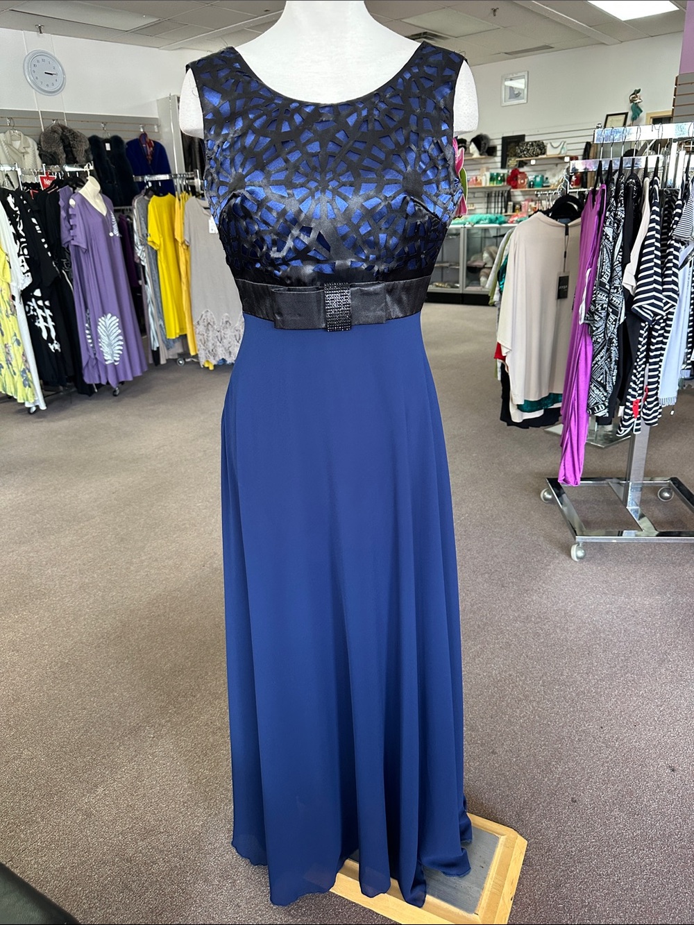 Navy and Black Sleeveless Maxi Dress with Satin Bodice